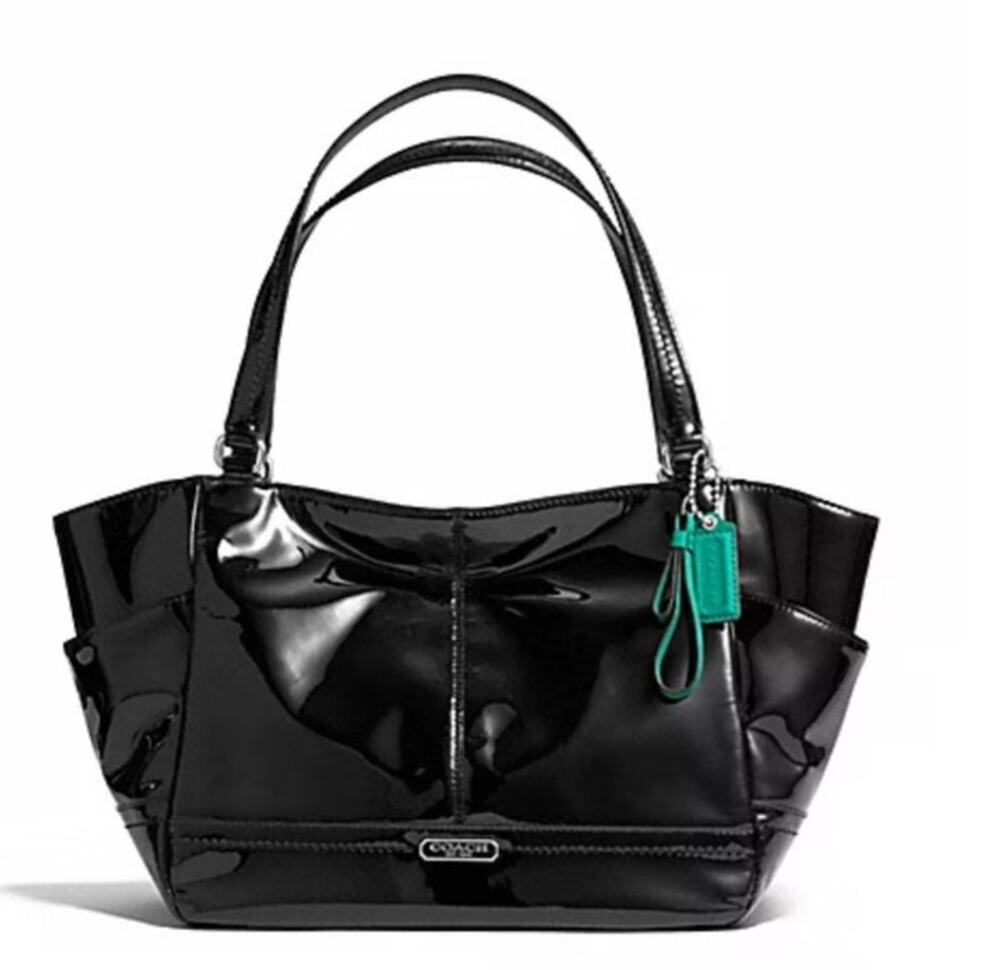 Vtg Coach Hampton Park Carrie Black Patent Leather Purse Tote Bag Teal Y2K A1